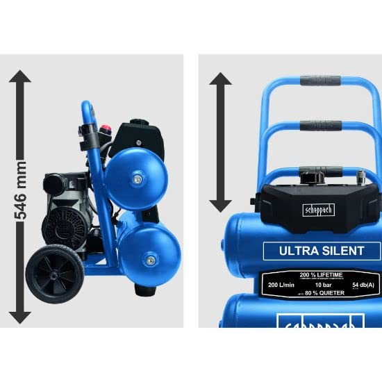 Scheppach HC20Si-Twin Silent Kompressor, 54 dB, 20L, 10 bar, ölfrei, 200 l/min, 2 Manometer, Kupplung, 10m Schlauch+Zubehör