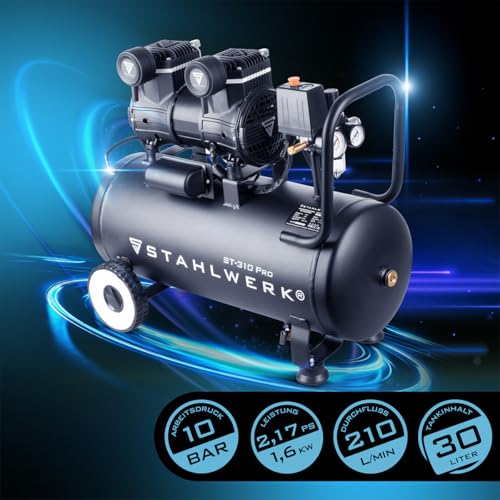 STAHLWERK Silent Kompressor ST-310 Pro, 30L, 2,1PS, 1,6kW, 210 l/min, 10 bar, ölfrei, leise, Brushless-Motor