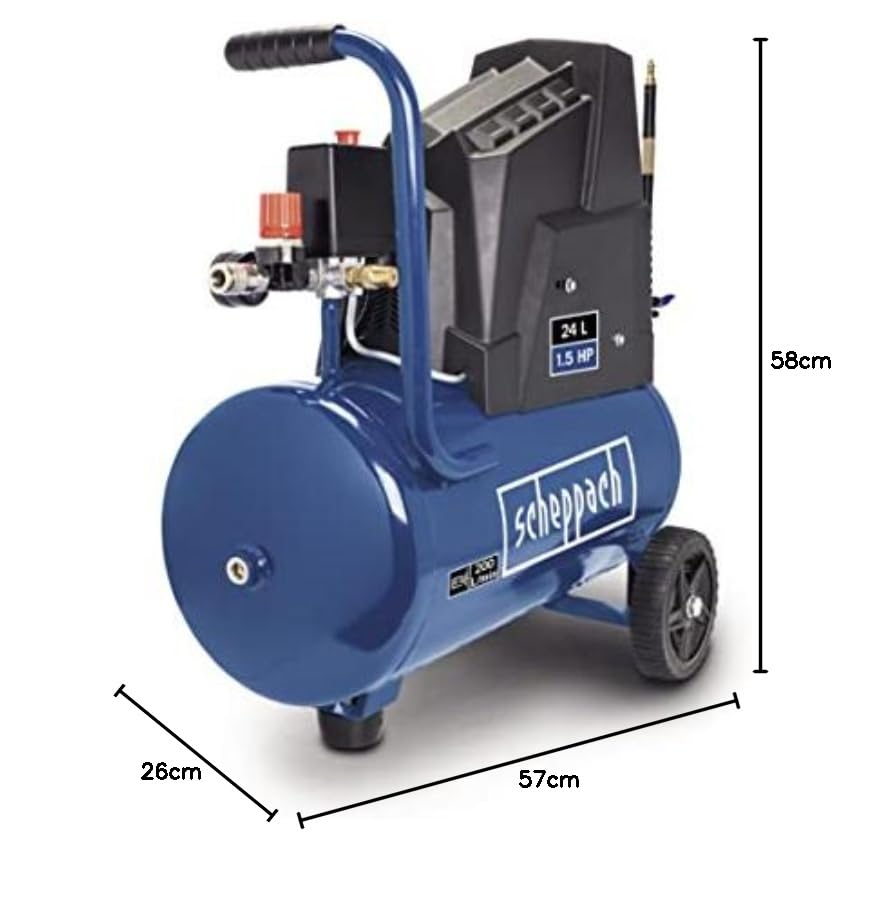 Scheppach HC25o Kompressor, 1100W, 24L, 8 bar, 165 l/min, ölfrei, mit Druckminderer, 13-tlg. Set & 5m Spiralschlauch