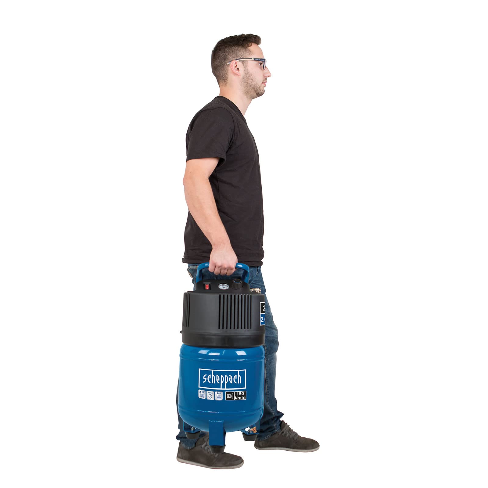 Scheppach HC24V Kompressor, 1500W, 24L, 10 bar, 180 l/min, ölfrei, stehend mit Tragegriff, inkl. Manometer