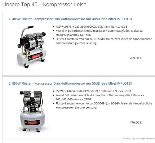IMPLOTEX 480W Silent Flüsterkompressor Druckluftkompressor nur 48dB leise ölfrei flüster Kompressor Compressor (480W 9 Liter ohne Zubehör)
