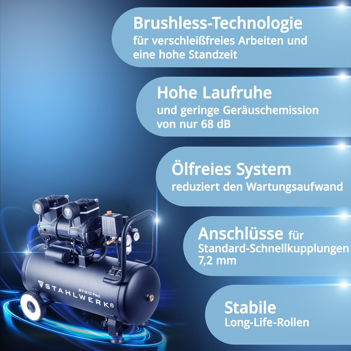 STAHLWERK Silent Kompressor ST-310 Pro, 30L, 2,1PS, 1,6kW, 210 l/min, 10 bar, ölfrei, leise, Brushless-Motor