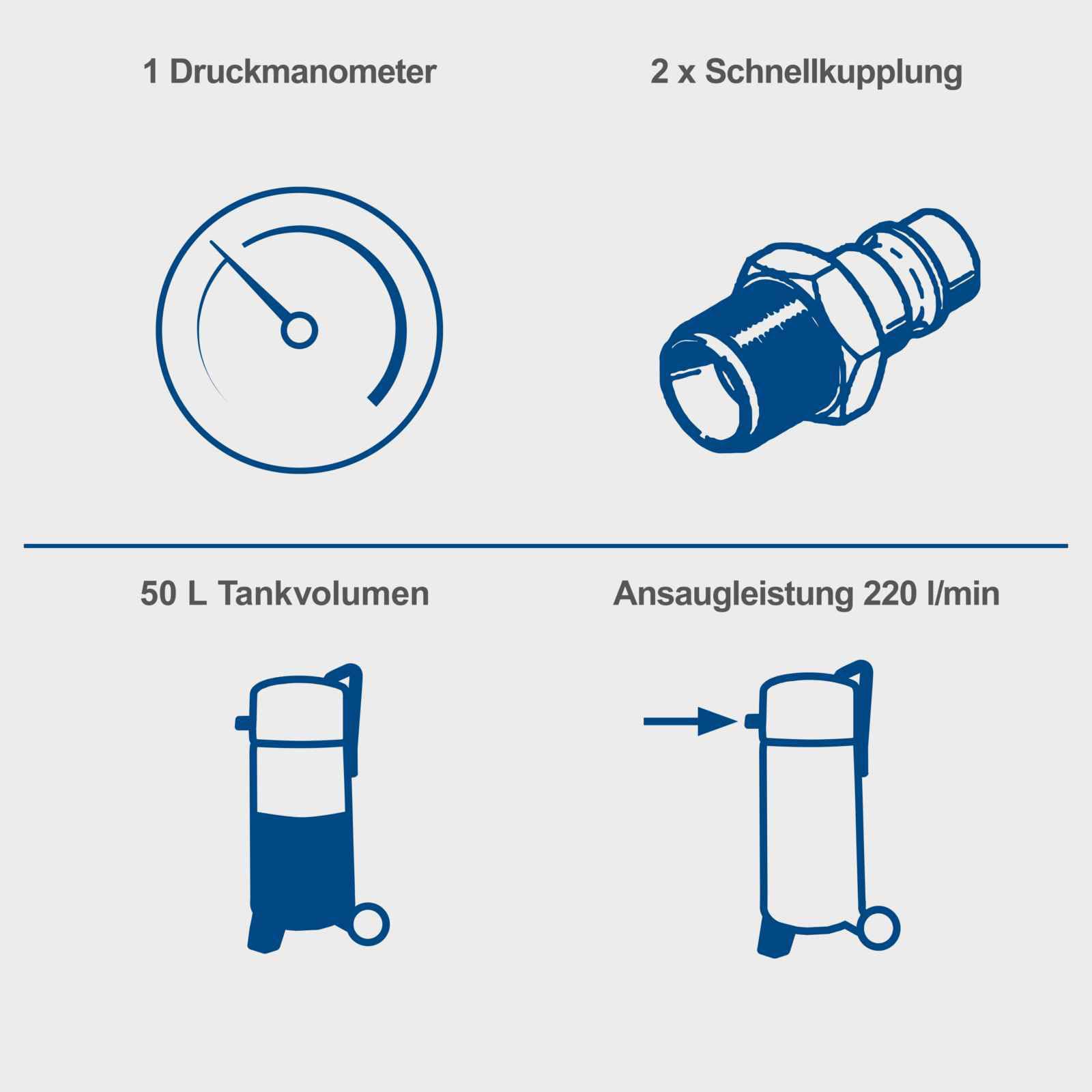 Scheppach HC51V Kompressor, 1500W, 50L, 10 bar, 220 l/min, ölfrei, stehend, mit Druckminderer, Fahrvorrichtung & 2 Kupplungen