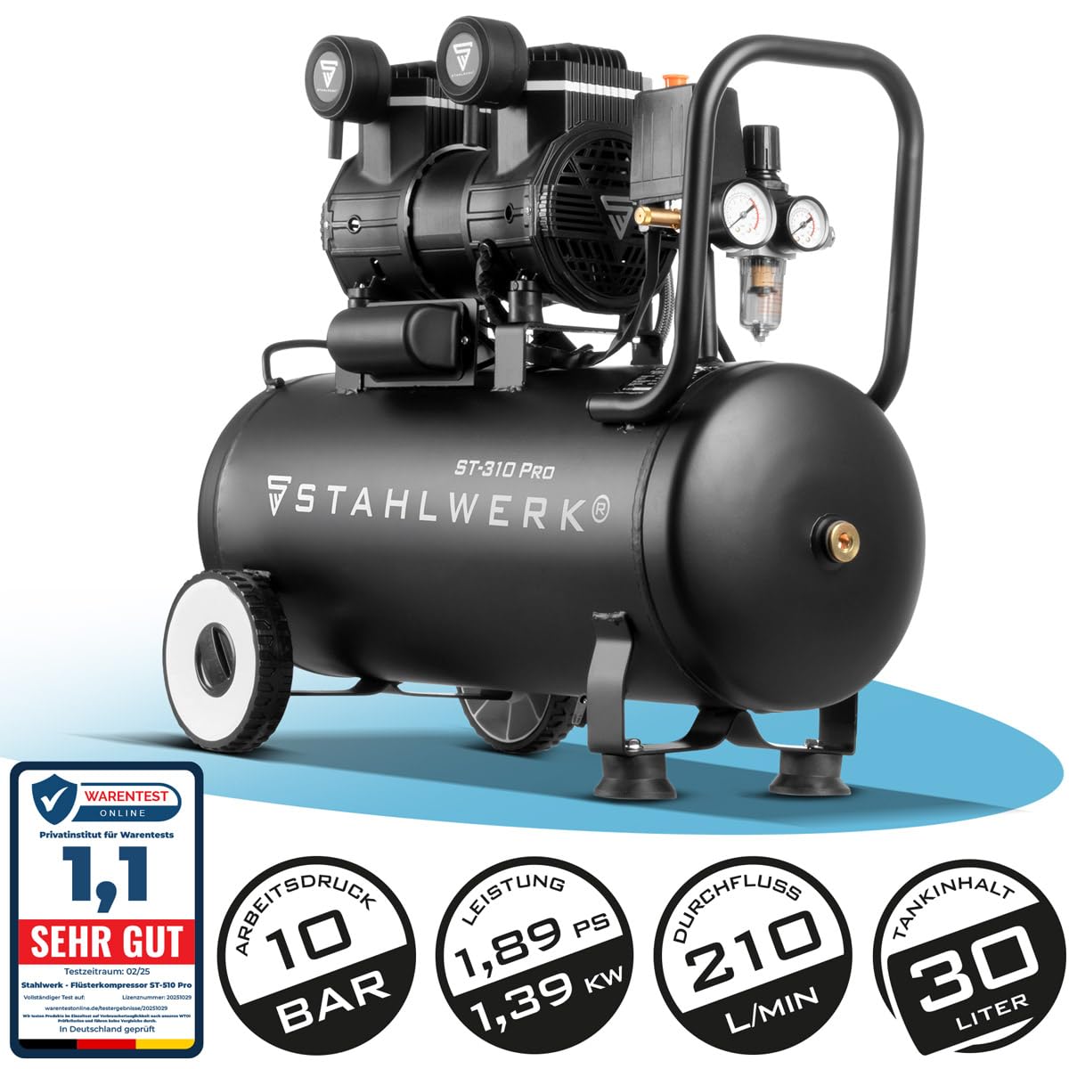 STAHLWERK Silent Kompressor ST-310 Pro, 30L, 2,1PS, 1,6kW, 210 l/min, 10 bar, ölfrei, leise, Brushless-Motor