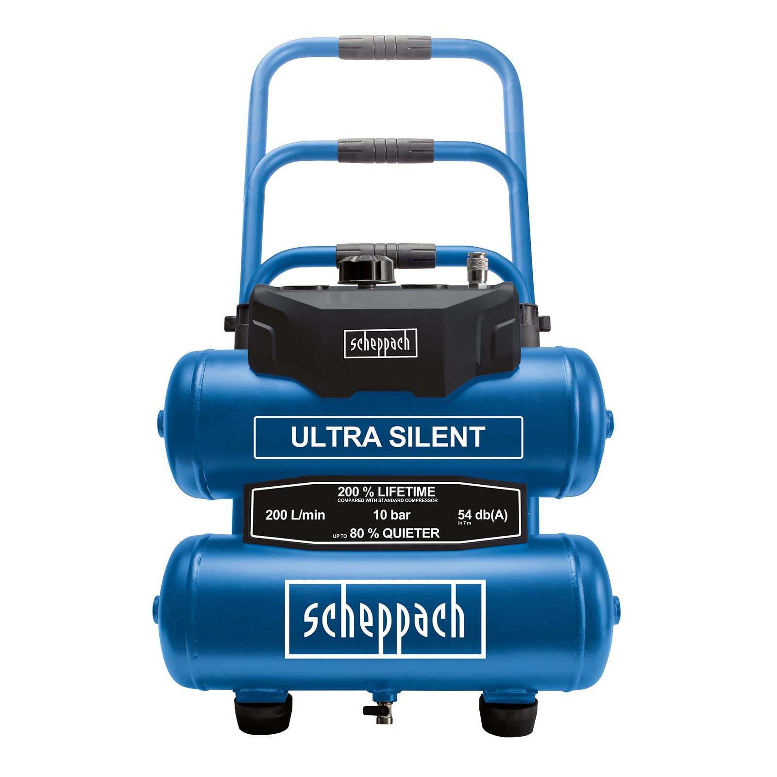 Scheppach HC20Si-Twin Silent Kompressor, 54 dB, 20L, 10 bar, ölfrei, 200 l/min, 2 Manometer, Kupplung, 10m Schlauch+Zubehör