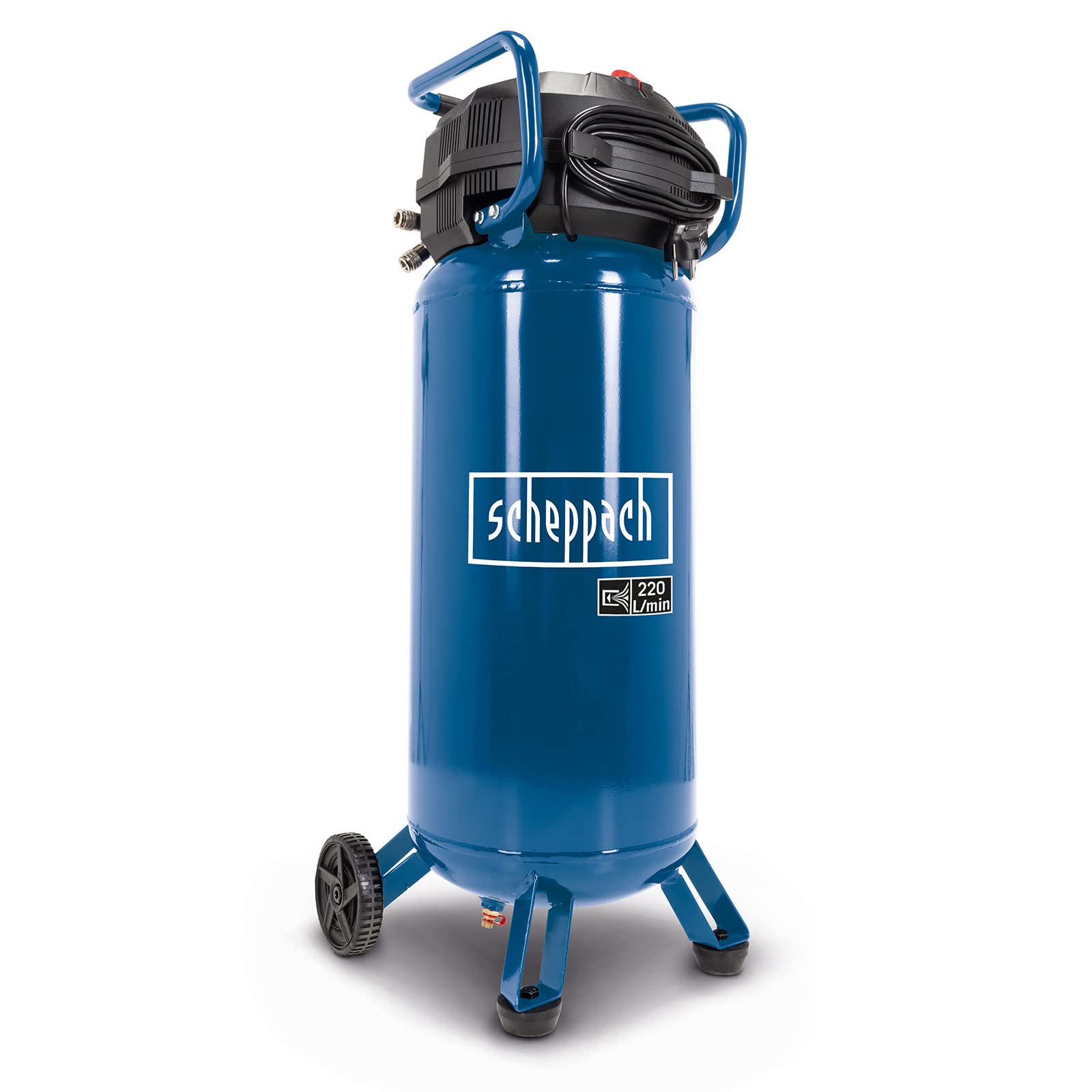 Scheppach HC51V Kompressor, 1500W, 50L, 10 bar, 220 l/min, ölfrei, stehend, mit Druckminderer, Fahrvorrichtung & 2 Kupplungen