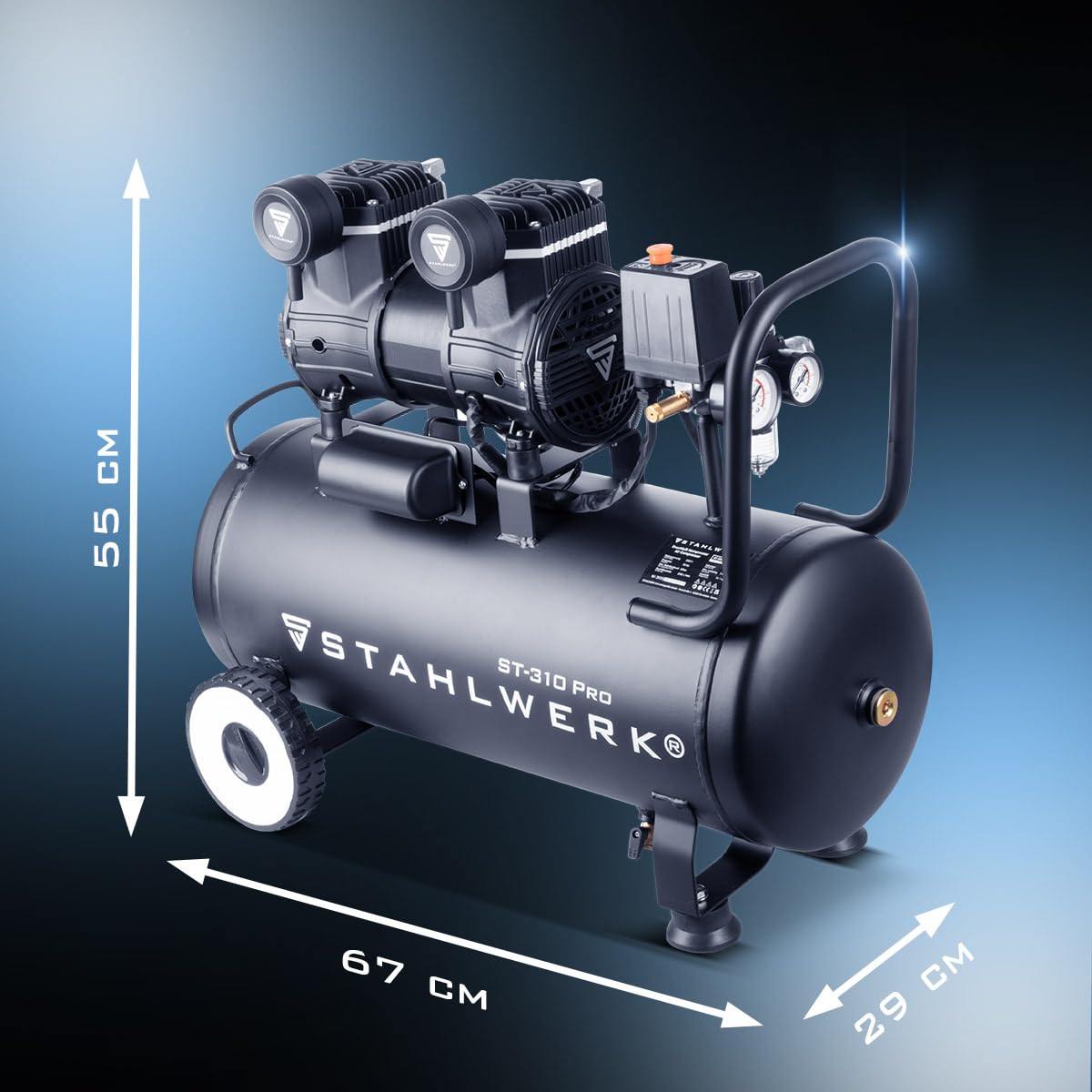 STAHLWERK Silent Kompressor ST-310 Pro, 30L, 2,1PS, 1,6kW, 210 l/min, 10 bar, ölfrei, leise, Brushless-Motor