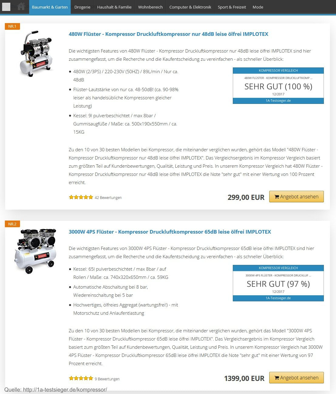 IMPLOTEX 480W Silent Flüsterkompressor Druckluftkompressor 48dB leise ölfrei Kompressor inkl. Ausblaspistole und Druckluftschlauch