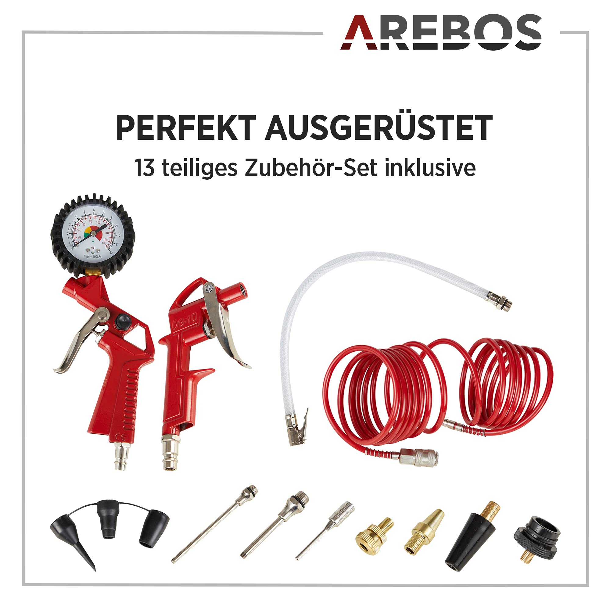 Arebos Kompressor 6L, 1200W, 180 l/min, 8 bar, ölfrei, Abschaltautomatik, langer Schlauch, inkl. 13-tlg. Werkzeug-Set