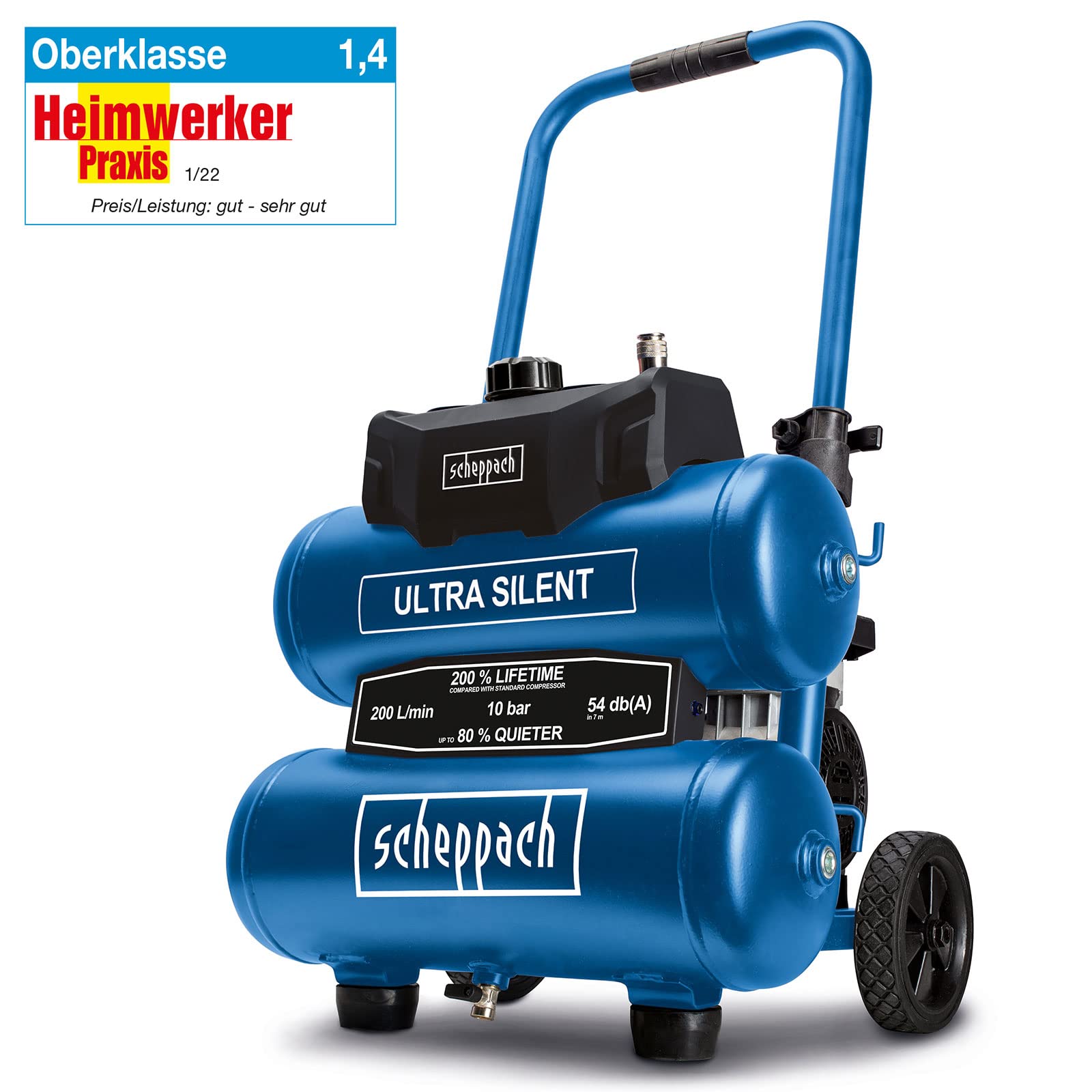 Scheppach HC20Si-Twin Silent Kompressor, 54 dB, 20L, 10 bar, ölfrei, 200 l/min, 2 Manometer, Kupplung, 10m Schlauch+Zubehör