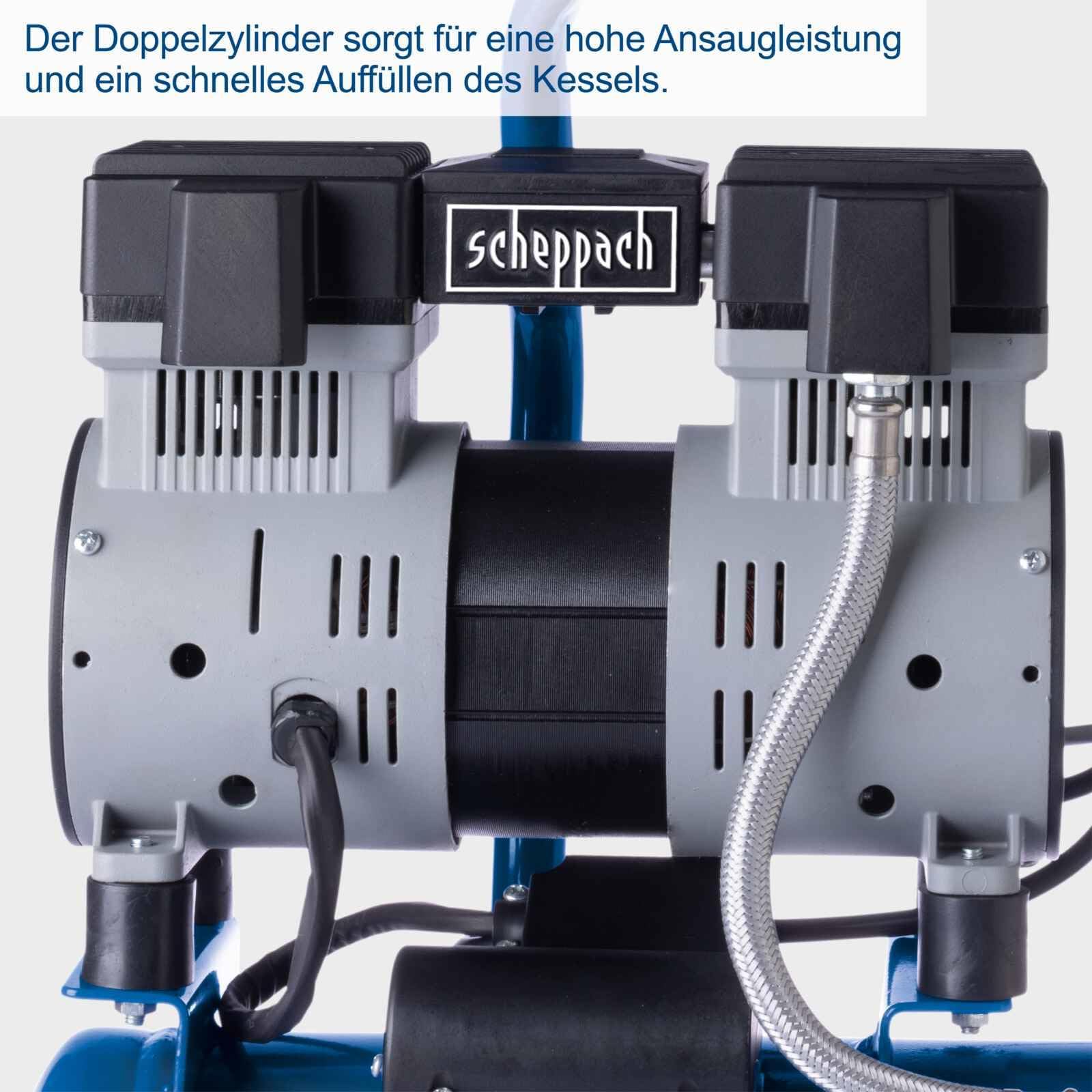 Scheppach HC08Si Silent Kompressor, 6L, 1,5PS/1100W, 162 l/min, 8 bar, ölfrei, wartungsarm, 67 dB, inkl. 14-tlg. Zubehörset