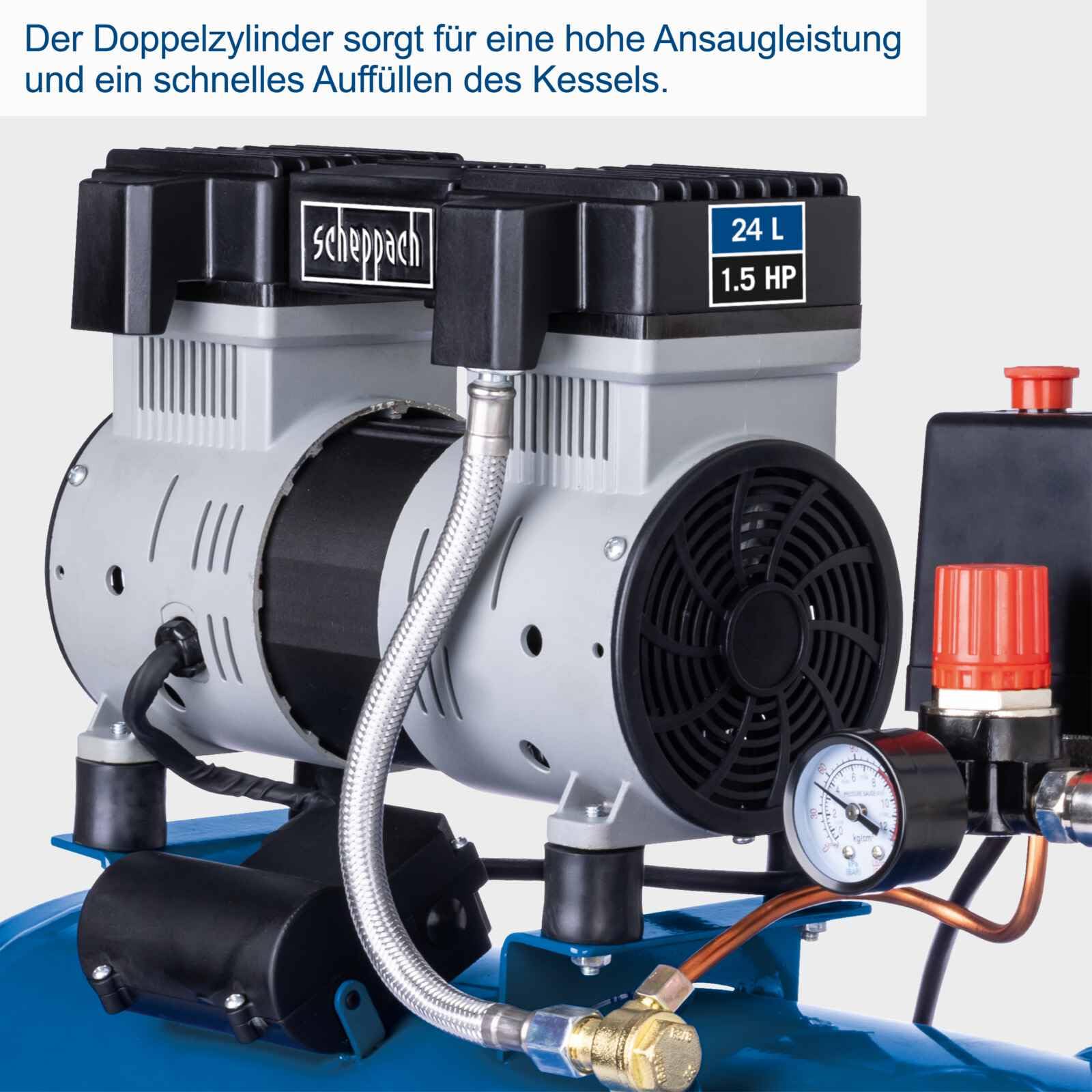Scheppach HC26Si Ultra Silent Kompressor, 24L, 1100W, 8 bar, 66 dB, ölfrei, 162 l/min, Doppelzylinder, inkl. 14-tlg Zubehörset