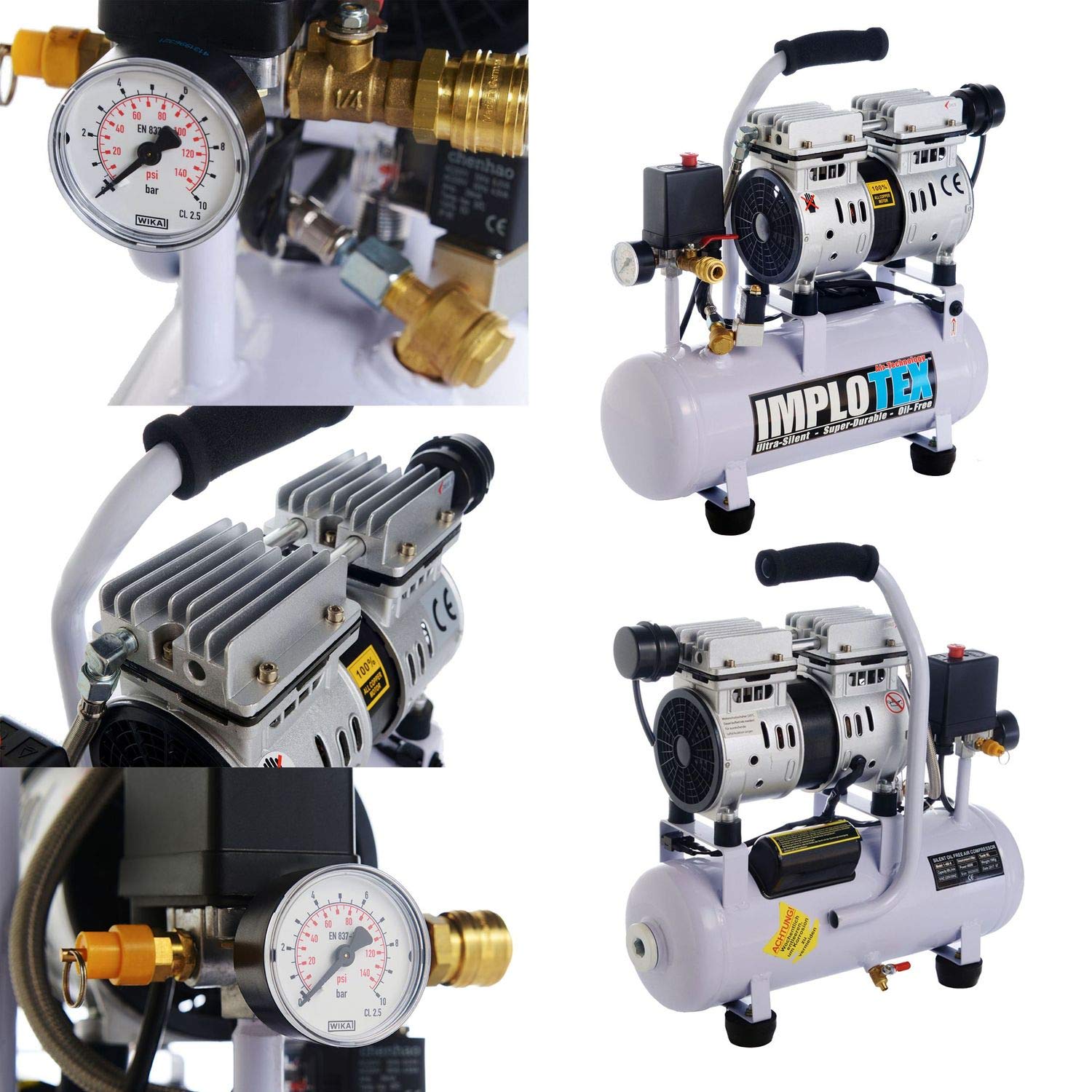 IMPLOTEX 480W Silent Flüsterkompressor Druckluftkompressor 48dB leise ölfrei Kompressor inkl. Ausblaspistole und Druckluftschlauch