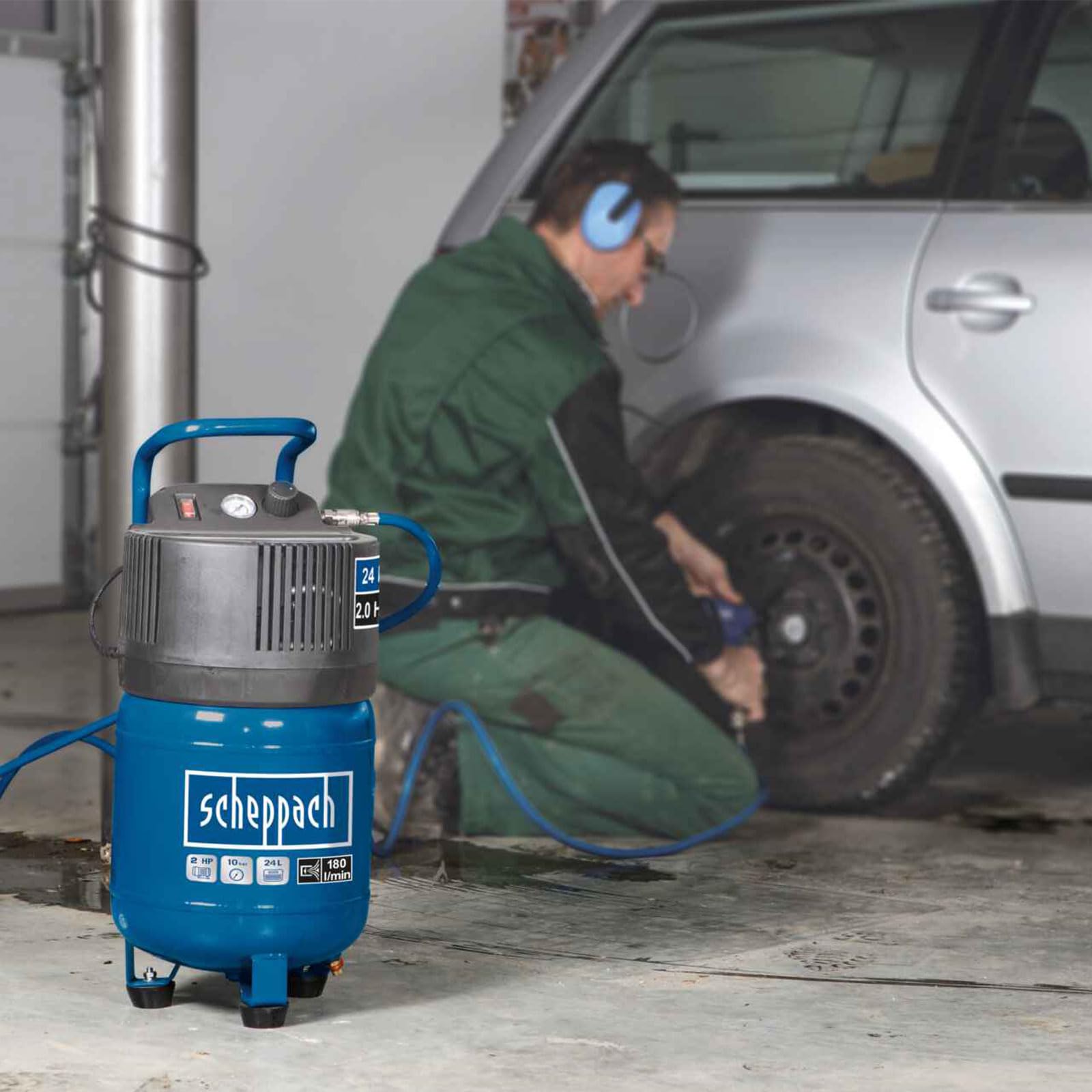 Scheppach HC24V Kompressor, 1500W, 24L, 10 bar, 180 l/min, ölfrei, stehend mit Tragegriff, inkl. Manometer