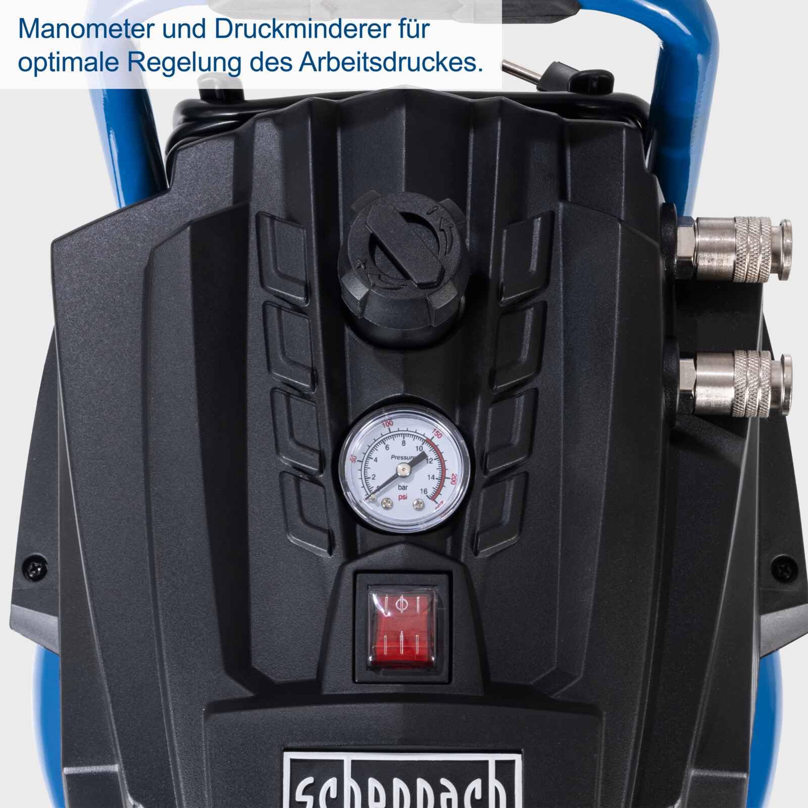 Scheppach HC35V Kompressor, 1500W, 30L, 10 bar, 180 l/min, ölfrei, stehend, mit Druckminderer, 2 Kupplungen & 14-tlg Zubehör
