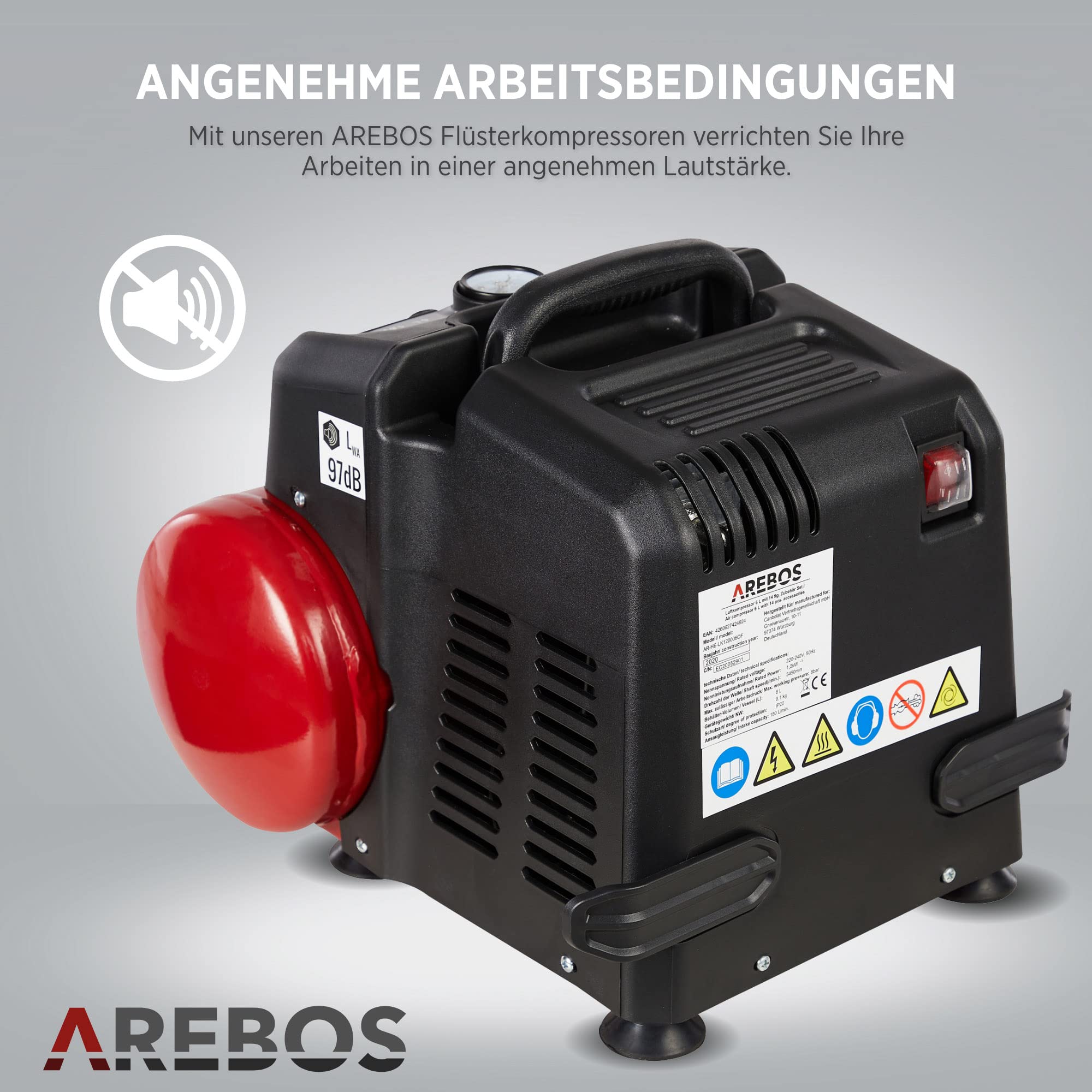 Arebos Kompressor 6L, 1200W, 180 l/min, 8 bar, ölfrei, Abschaltautomatik, langer Schlauch, inkl. 13-tlg. Werkzeug-Set