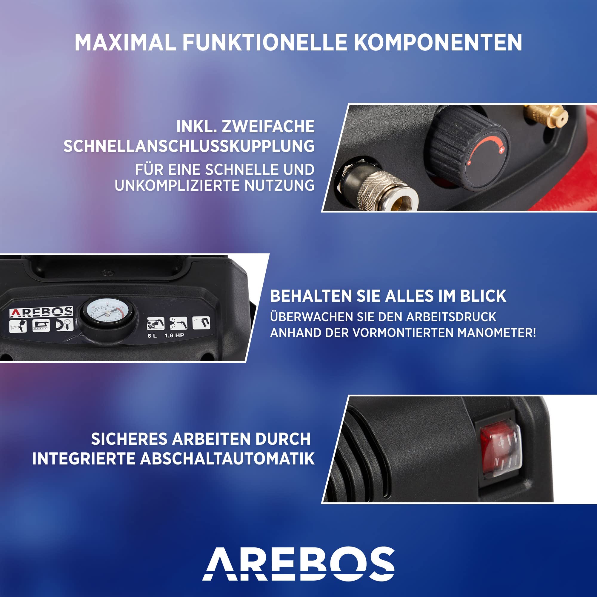Arebos Kompressor 6L, 1200W, 180 l/min, 8 bar, ölfrei, Abschaltautomatik, langer Schlauch, inkl. 13-tlg. Werkzeug-Set