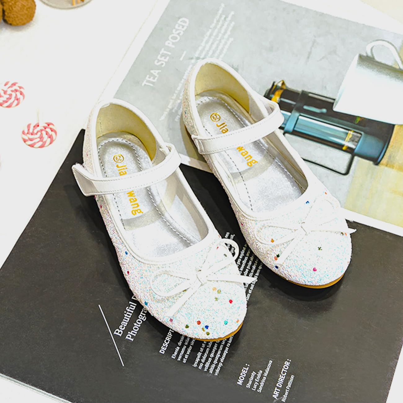 YUKQEYLE Glitzer Schuhe Mädchen Prinzessinen Schuhe Ballerinas Mädchen Kinder Glitzer Ballerinas Mary Jane Flache Schuhe Kristall Sandalen Hochzeit Partei(35EU-Weiß)