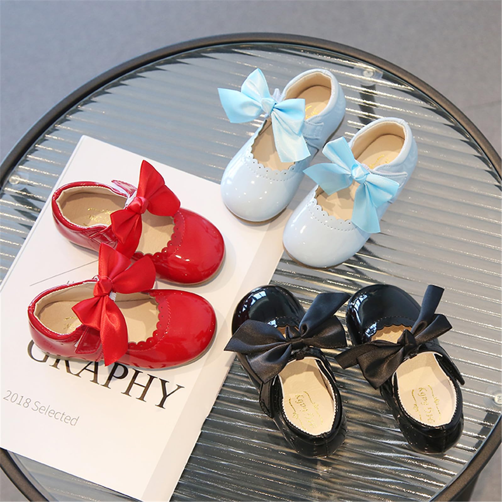 YOSICIL Klassische Lederschuhe Mädchen Mary Jane Schuhe Kleinkind Ballerina Shoes Sandalen Schleifen Geburtstagsparty Halloween Weihnachten Karneval Schulschuhe Kindergarten Geschenk, Lichtblau, 27