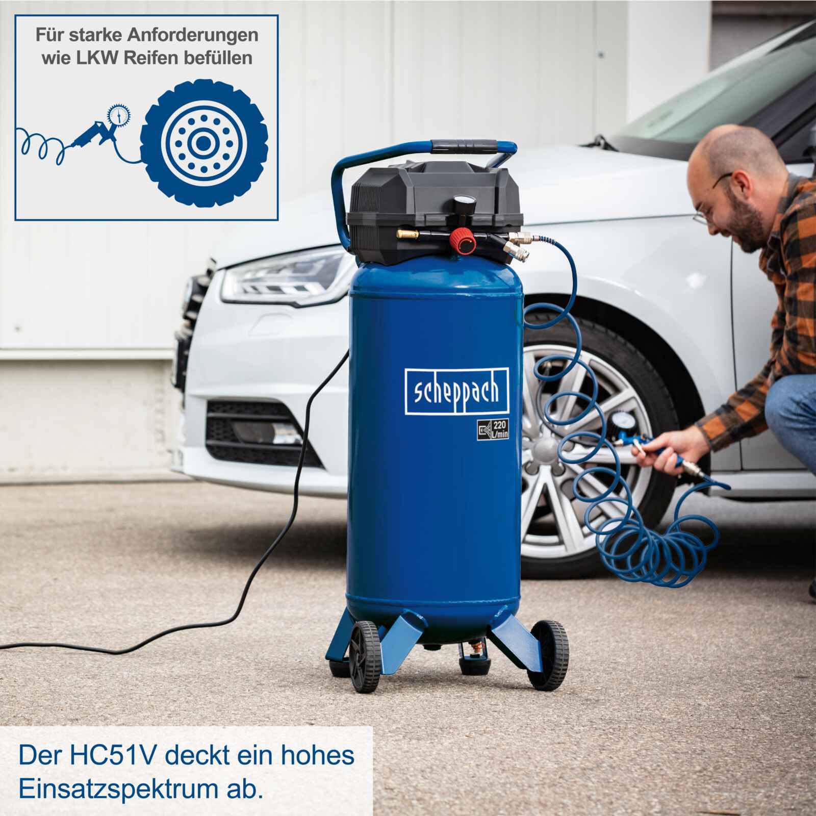 Scheppach HC51V Kompressor, 1500W, 50L, 10 bar, 220 l/min, ölfrei, stehend, mit Druckminderer, Fahrvorrichtung & 2 Kupplungen