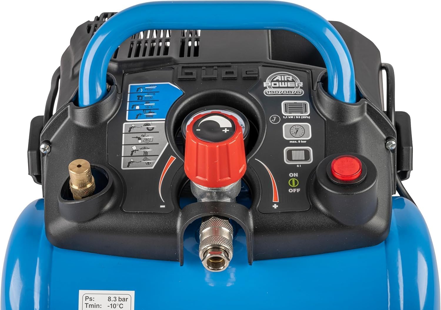 Güde Kompressor Airpower 190/08/6, 1100W, 6L, 8 bar, 145 l/min, ölfrei, Druckminderer, Manometer, Zubehör 6-tlg., Note Sehr Gut