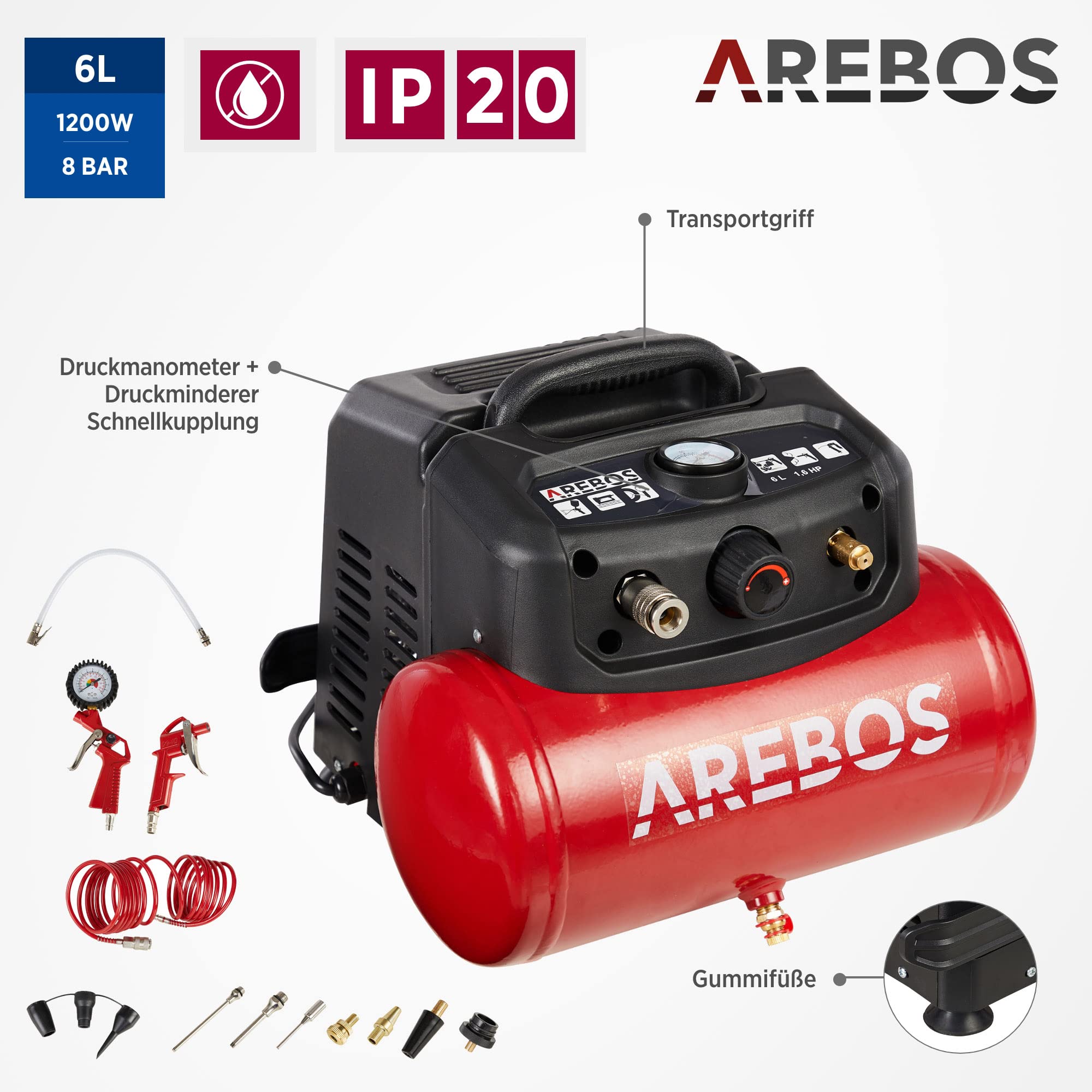 Arebos Kompressor 6L, 1200W, 180 l/min, 8 bar, ölfrei, Abschaltautomatik, langer Schlauch, inkl. 13-tlg. Werkzeug-Set