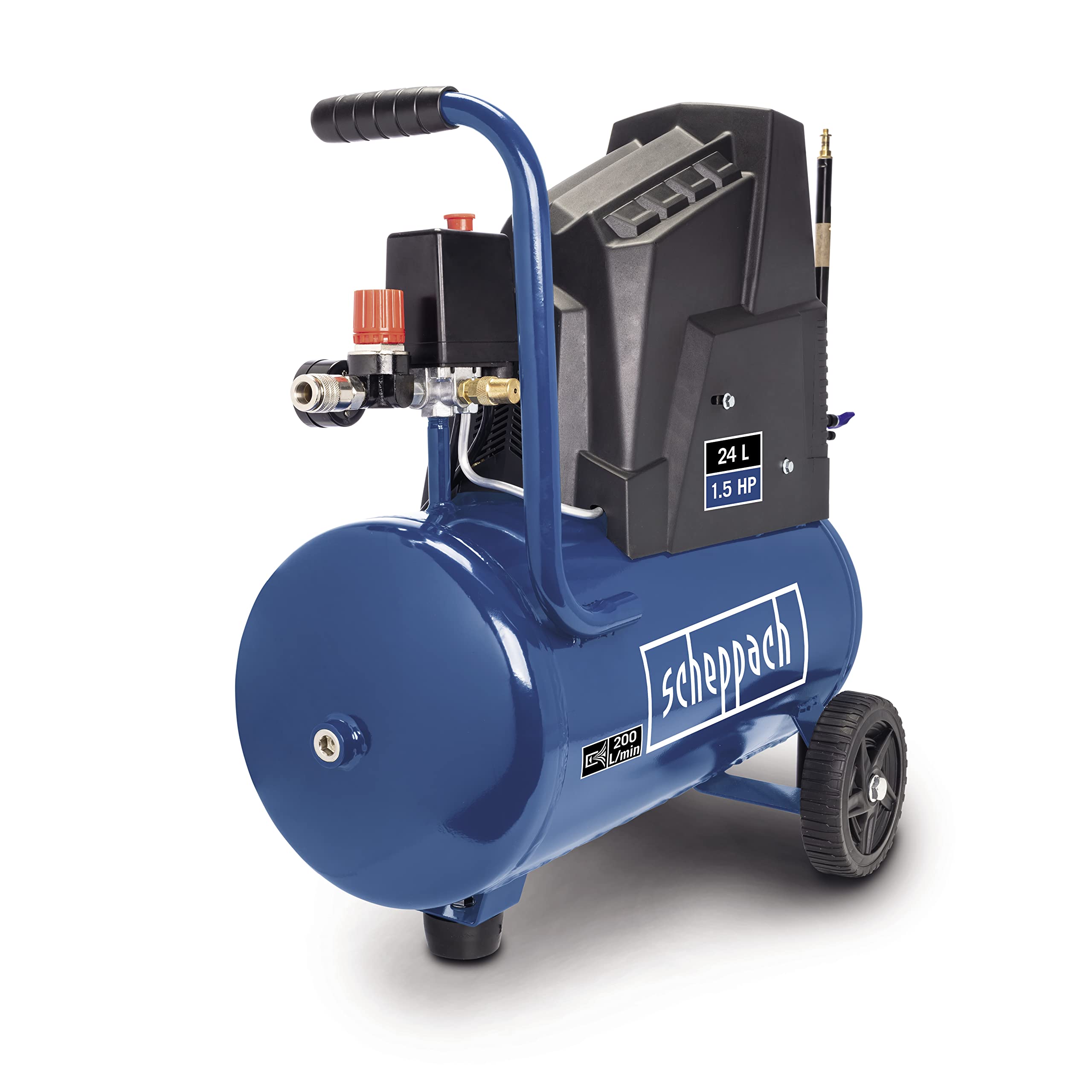Scheppach HC25o Kompressor, 1100W, 24L, 8 bar, 165 l/min, ölfrei, mit Druckminderer, 13-tlg. Set & 5m Spiralschlauch
