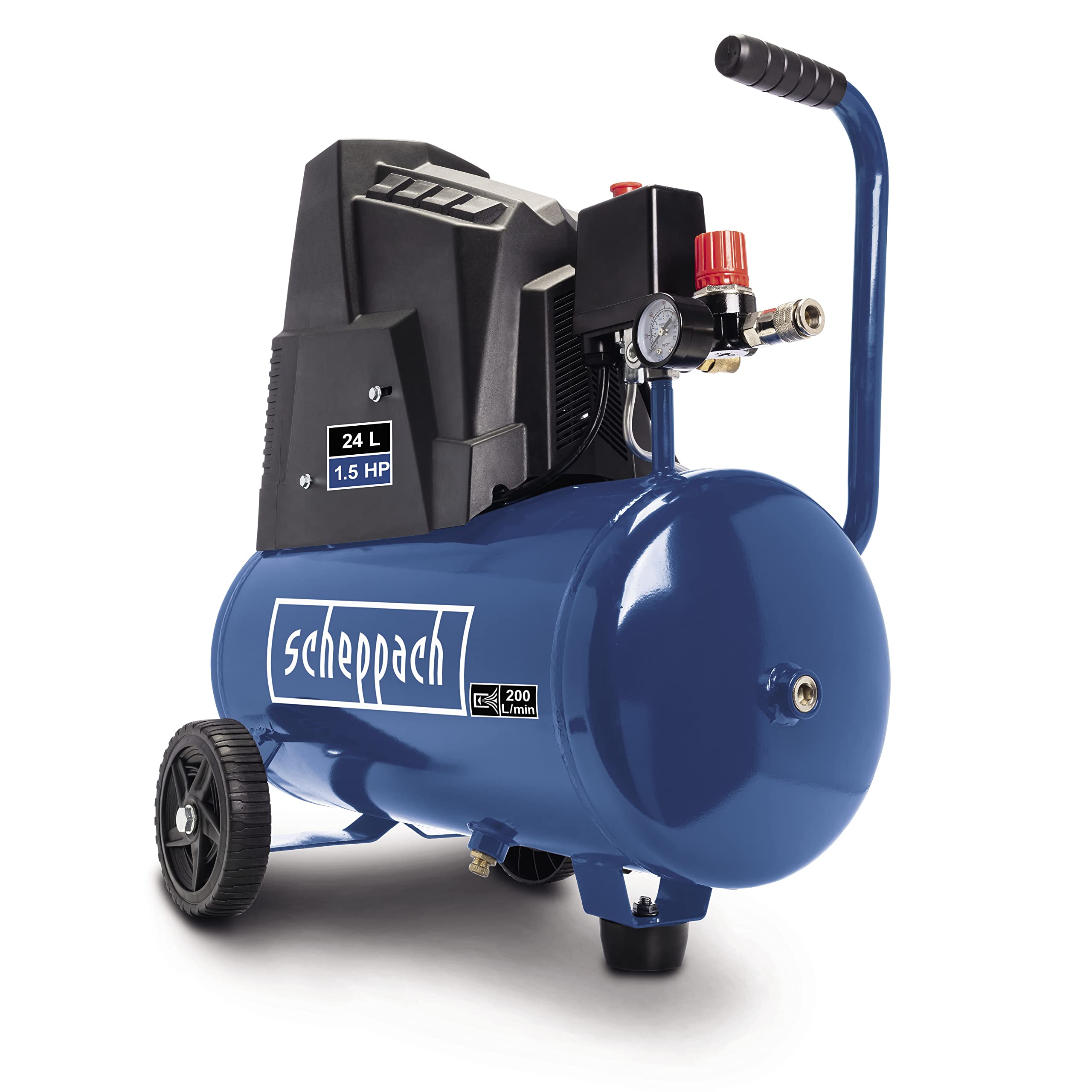 Scheppach HC25o Kompressor, 1100W, 24L, 8 bar, 165 l/min, ölfrei, mit Druckminderer, 13-tlg. Set & 5m Spiralschlauch