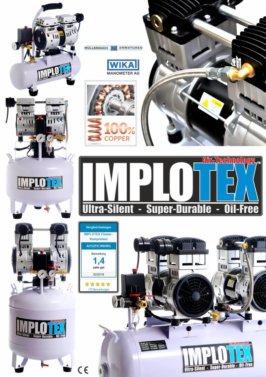 IMPLOTEX 480W Silent Flüsterkompressor Druckluftkompressor nur 48dB leise ölfrei flüster Kompressor Compressor (480W 9 Liter ohne Zubehör)