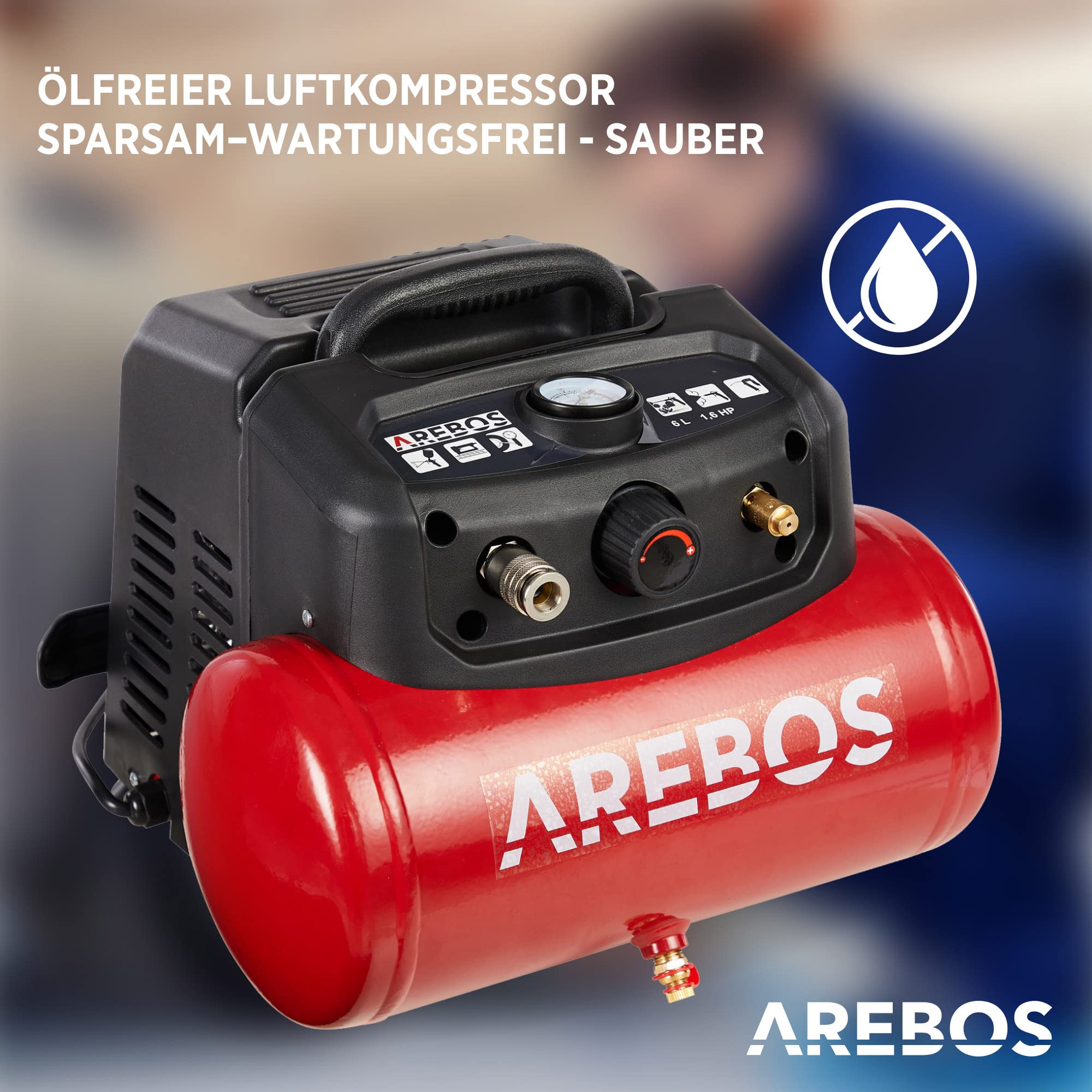 Arebos Kompressor 6L, 1200W, 180 l/min, 8 bar, ölfrei, Abschaltautomatik, langer Schlauch, inkl. 13-tlg. Werkzeug-Set