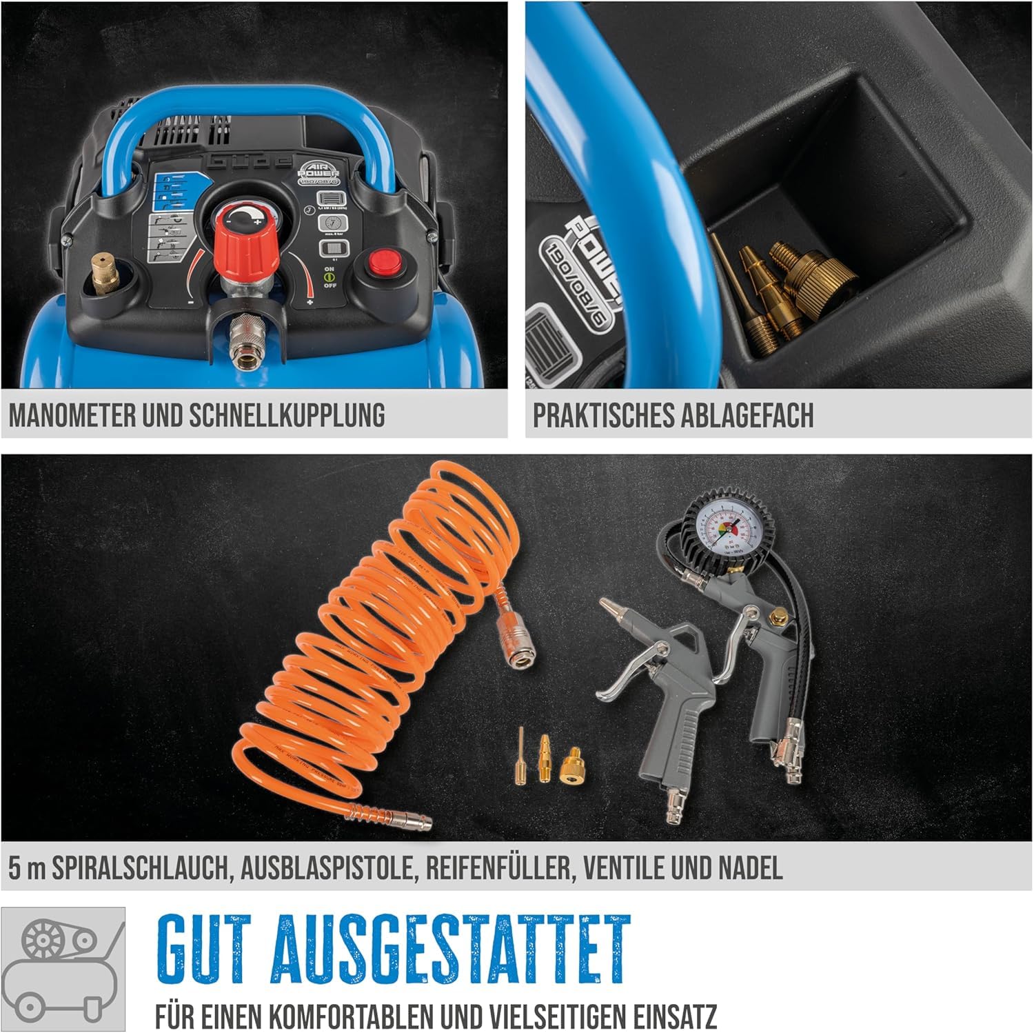 Güde Kompressor Airpower 190/08/6, 1100W, 6L, 8 bar, 145 l/min, ölfrei, Druckminderer, Manometer, Zubehör 6-tlg., Note Sehr Gut