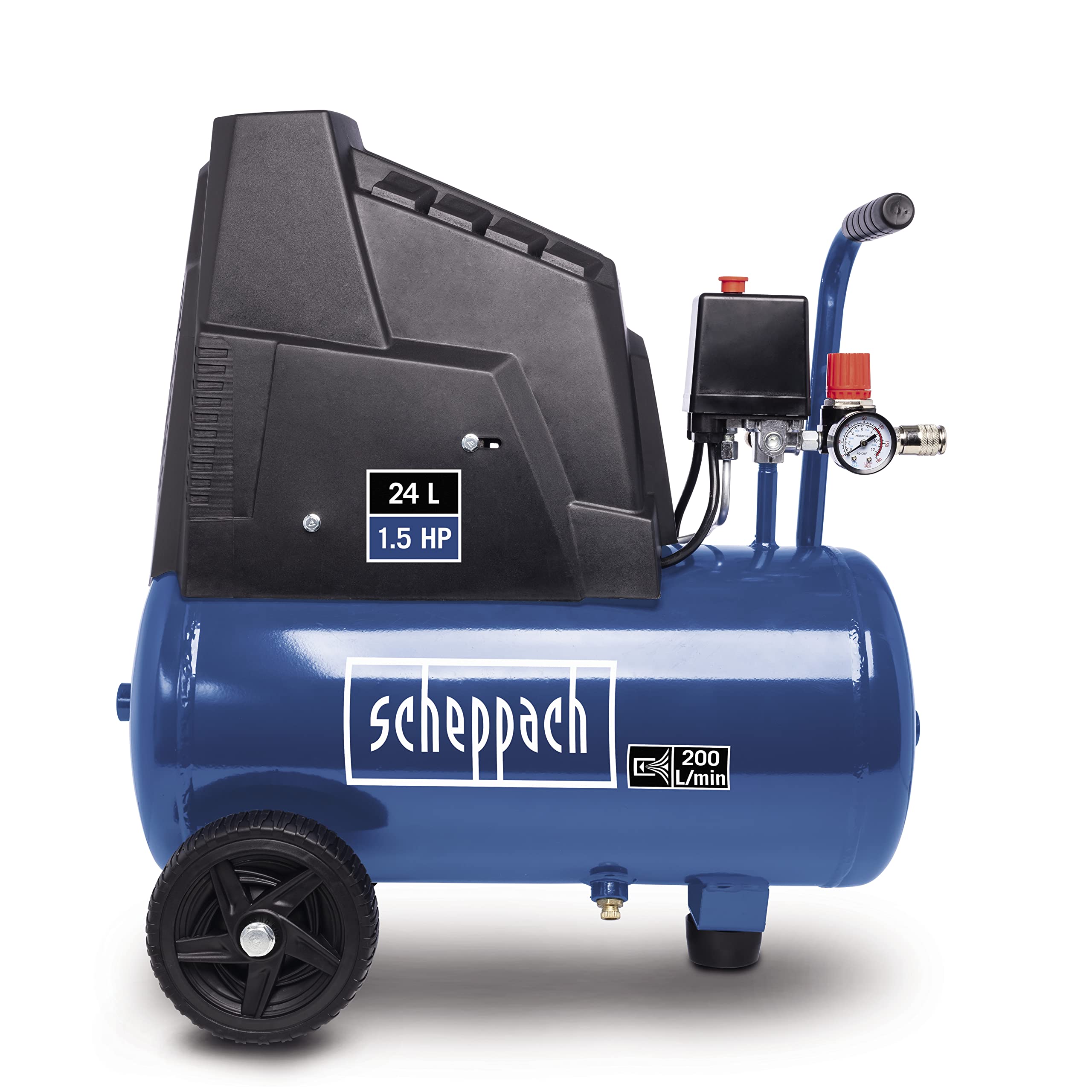 Scheppach HC25o Kompressor, 1100W, 24L, 8 bar, 165 l/min, ölfrei, mit Druckminderer, 13-tlg. Set & 5m Spiralschlauch