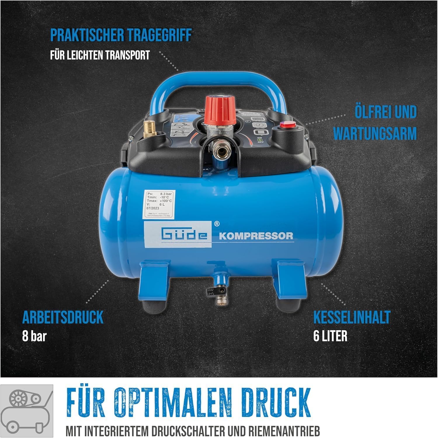 Güde Kompressor Airpower 190/08/6, 1100W, 6L, 8 bar, 145 l/min, ölfrei, Druckminderer, Manometer, Zubehör 6-tlg., Note Sehr Gut