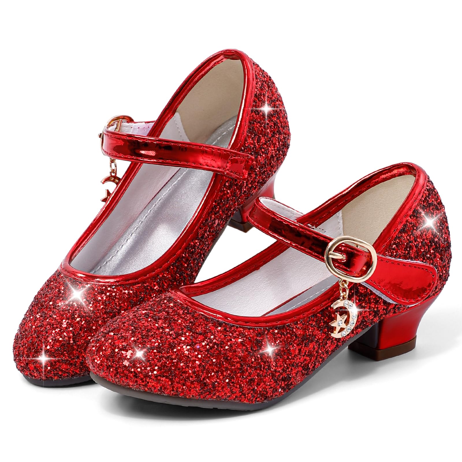 Cheerful Mario 5-10 Jahre Prinzessinnen Schuhe Mädchen Pailletten Ballerinas mit Absatz Glitzer Mary Jane Halbschuhe Kinder Party Rot 31 EU