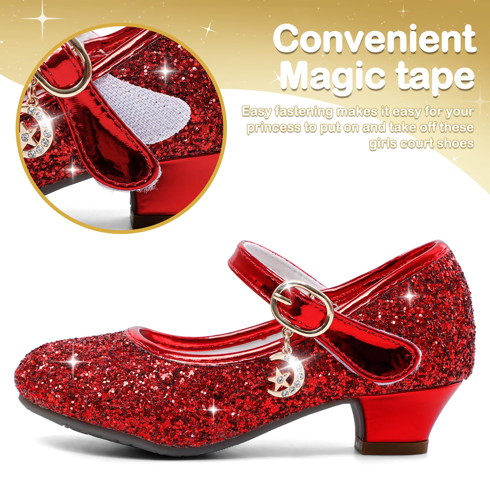 Cheerful Mario 5-10 Jahre Prinzessinnen Schuhe Mädchen Pailletten Ballerinas mit Absatz Glitzer Mary Jane Halbschuhe Kinder Party Rot 31 EU