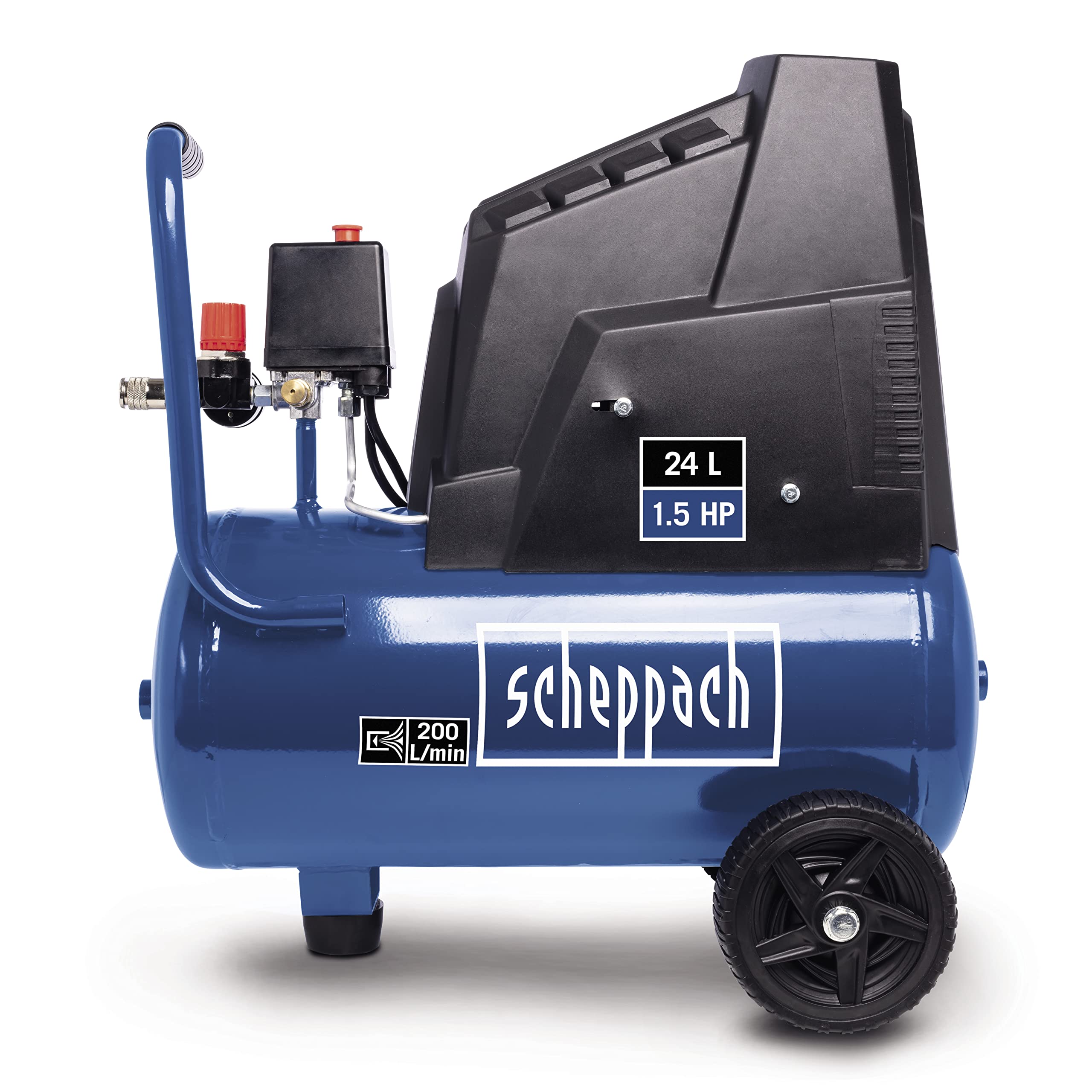 Scheppach HC25o Kompressor, 1100W, 24L, 8 bar, 165 l/min, ölfrei, mit Druckminderer, 13-tlg. Set & 5m Spiralschlauch