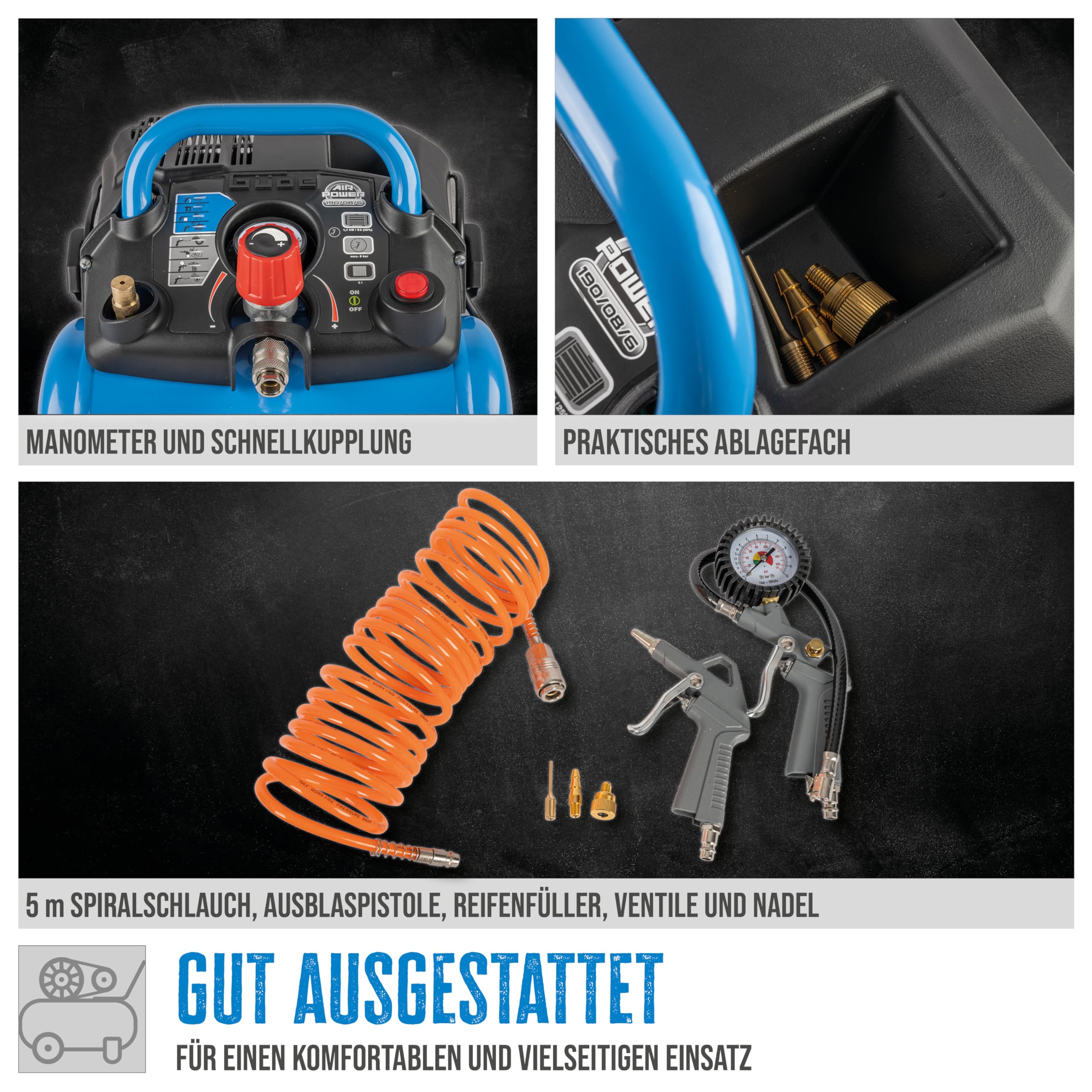 Güde Kompressor Airpower 190/08/6, 1100W, 6L, 8 bar, 145 l/min, ölfrei, Druckminderer, Manometer, Zubehör 6-tlg., Note Sehr Gut